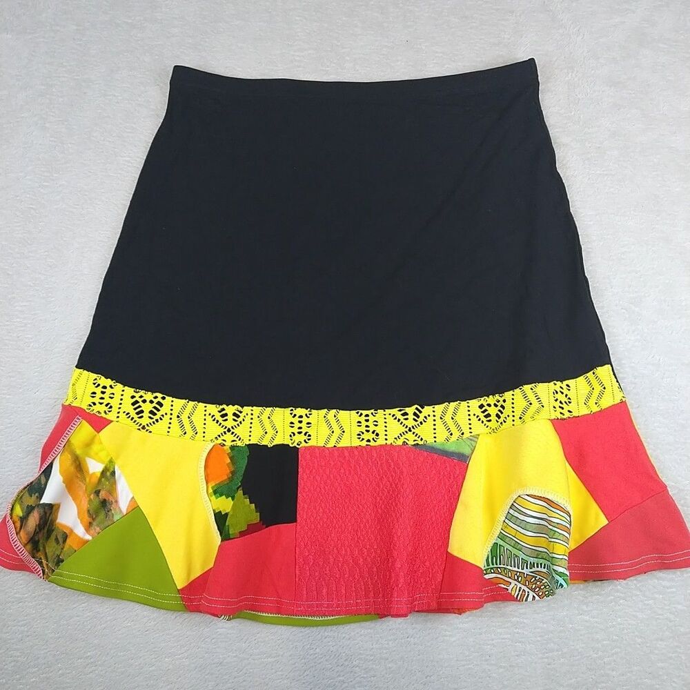 Myco Anna Skirt Womens Medium Patchwork Boho Artsy Tulip Knee Black Colorful